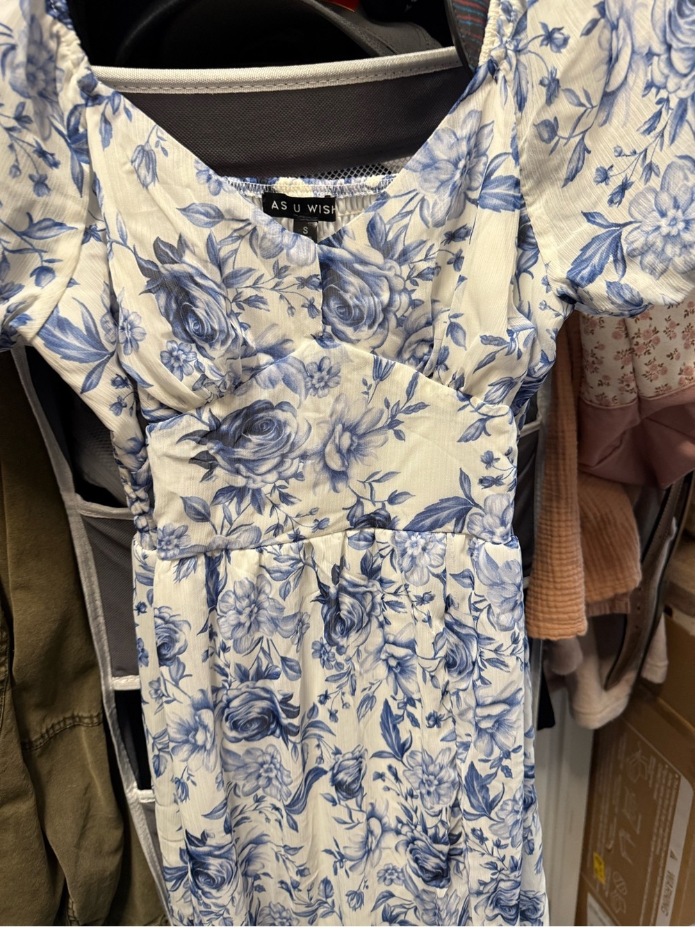As U Wish White and Blue Floral Puff-Sleeve Girls' Dress